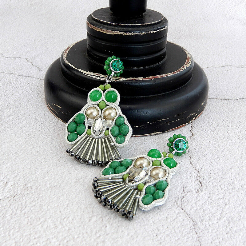 Soutache Earrings Green And Pearl