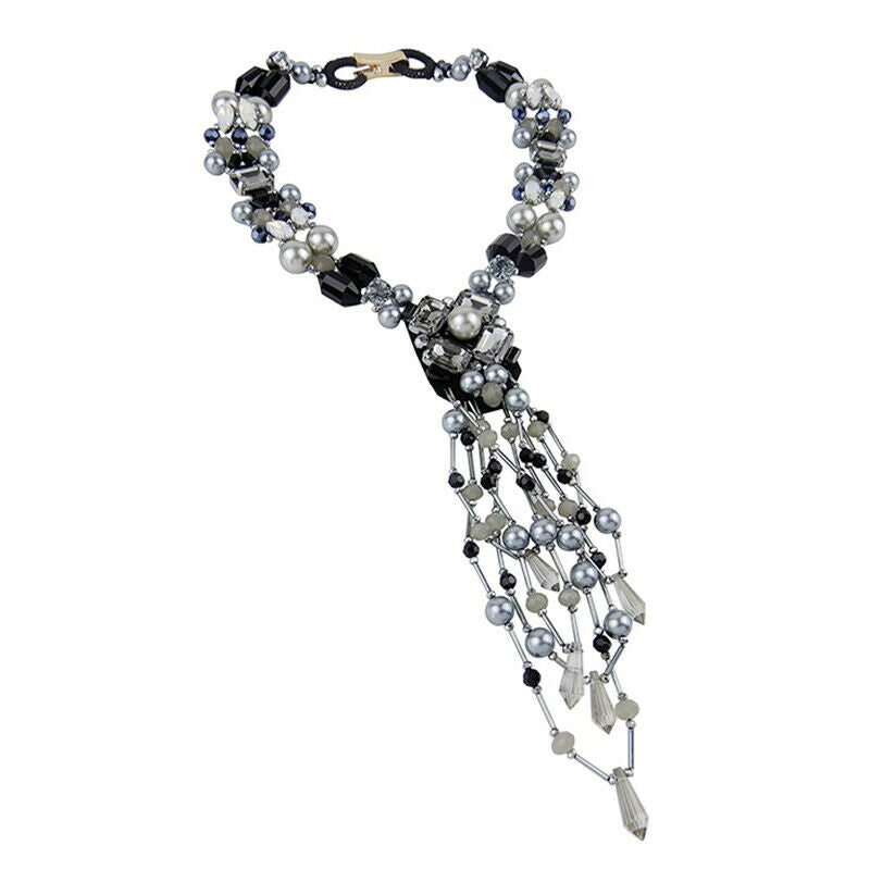 Luxury Style Pearl And Crystal Y Shaped Statement Necklace Black And Black Diamond Combo