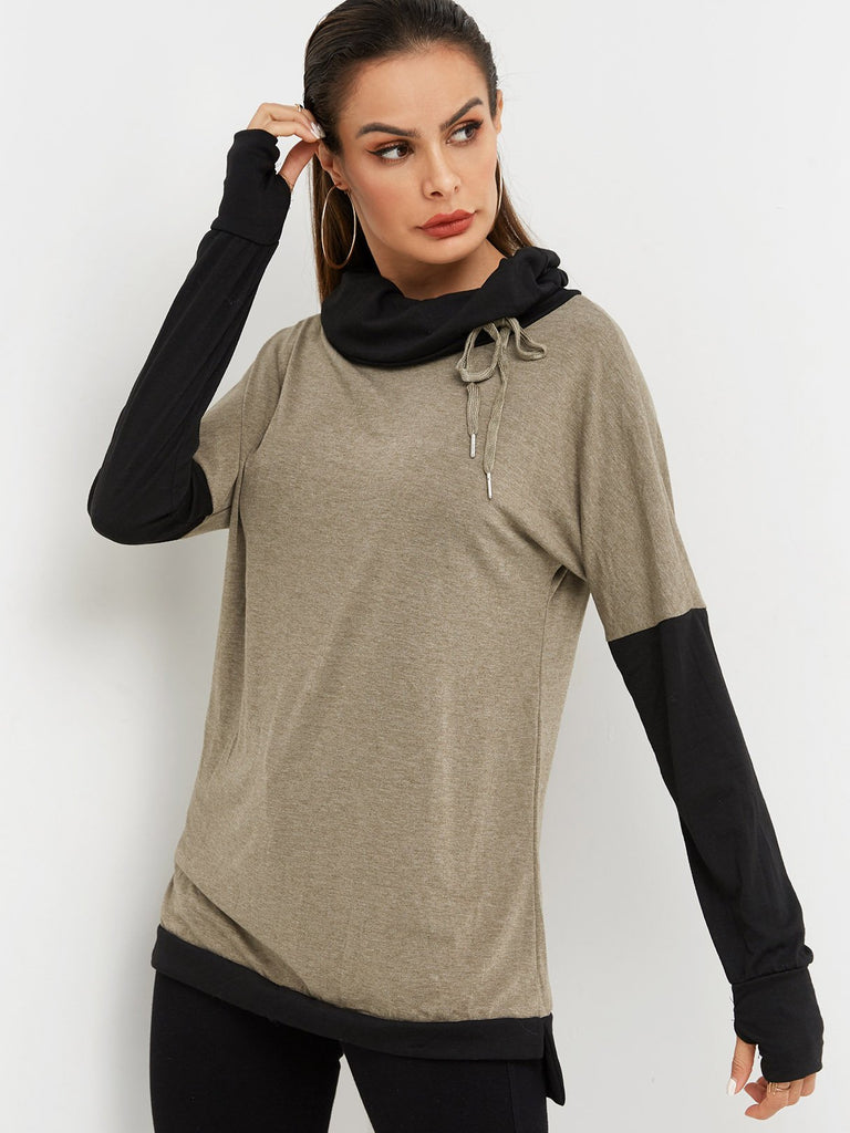 Chimney Collar Plain Long Sleeve Khaki T-Shirts