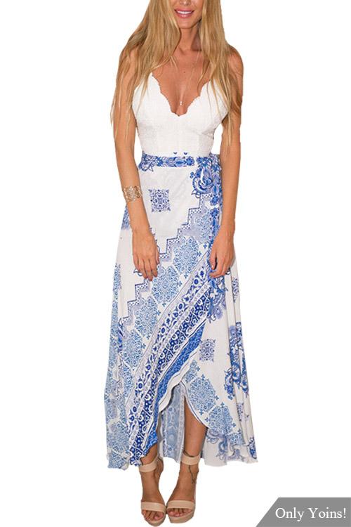 White Deep V Neck Sleeveless Tribal Print Backless Spaghetti Strap Maxi Dress