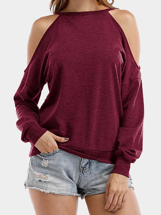 Round Neck Cold Shoulder Hollow Cut Out Long Sleeve T-Shirts