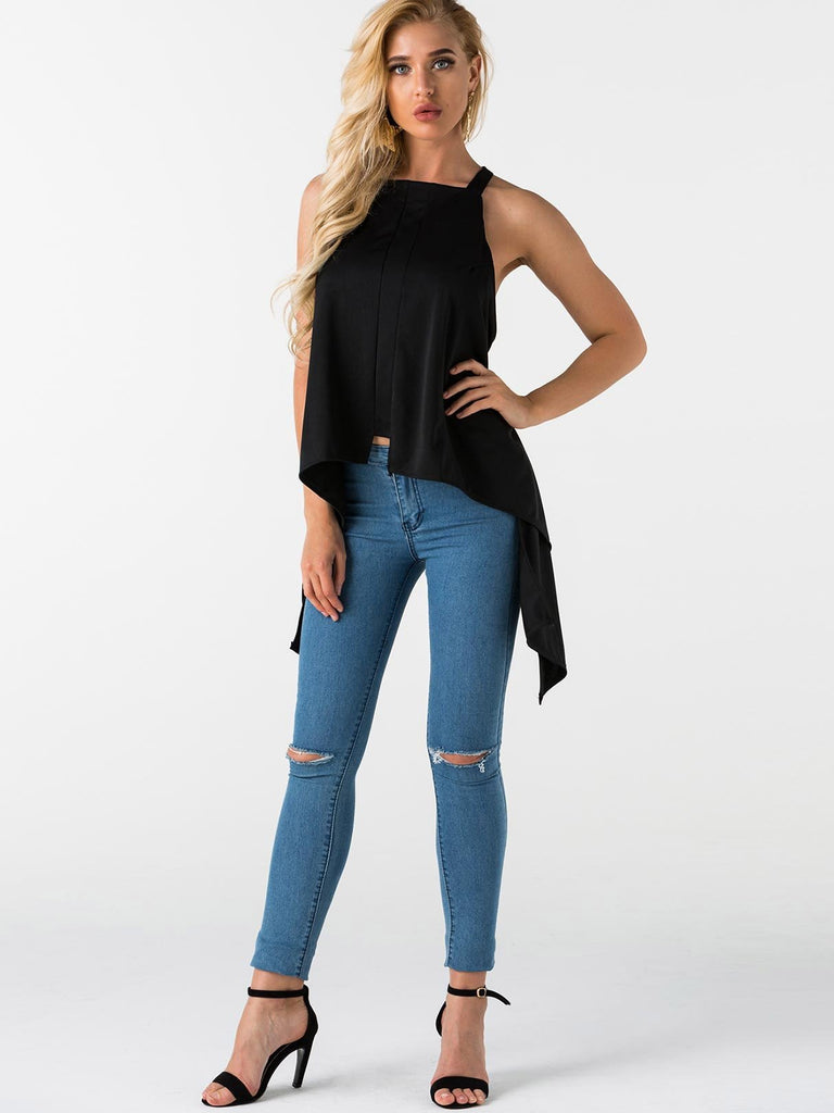 Halter Plain Backless Sleeveless Irregular Hem Black Camis