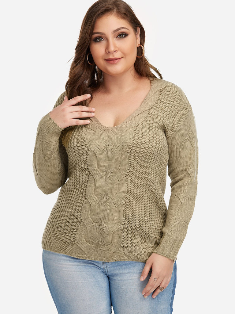 V-Neck Plain Long Sleeve Khaki Plus Size Tops