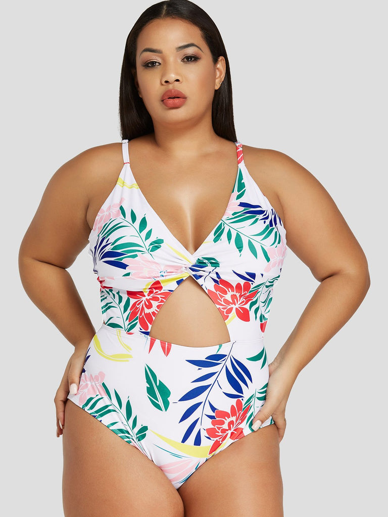 V-Neck Floral Print Cut Out Sleeveless Plus Size Swimwear