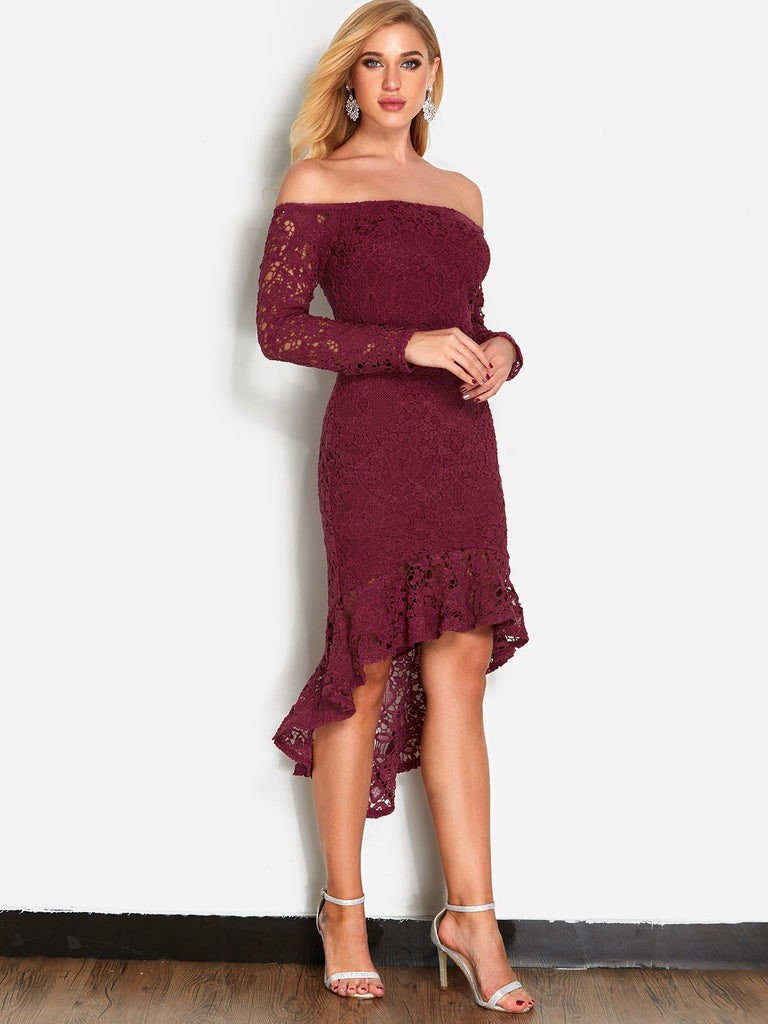 Burgundy Off The Shoulder Long Sleeve Lace Zip Back Flounced Hem Dresses