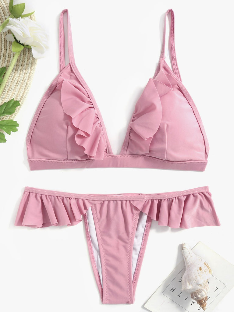 Pink V-Neck Sleeveless Flounced Hem Two Piece Bikinis