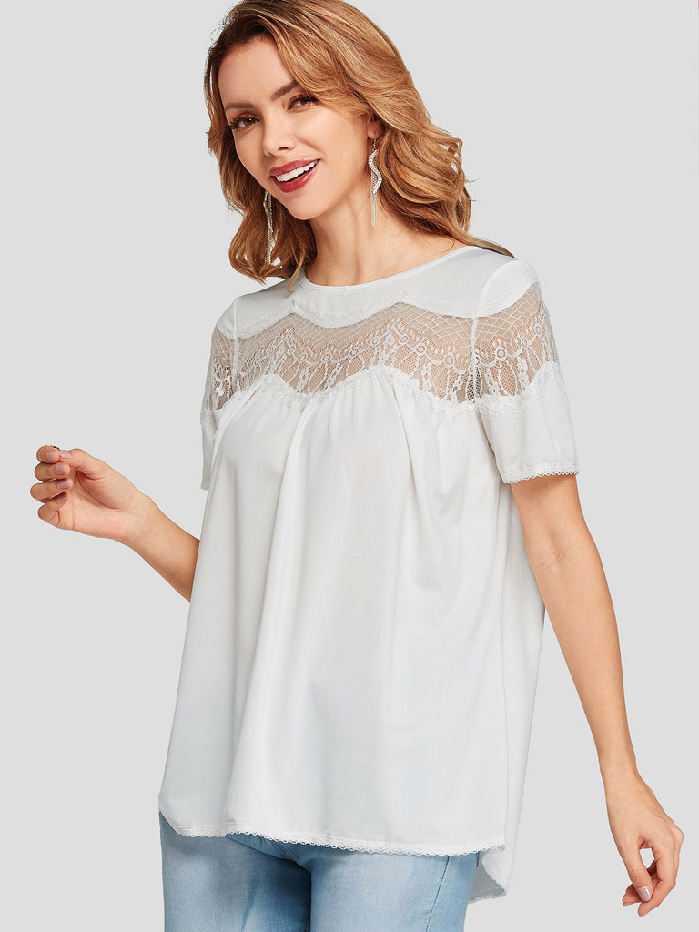 Round Neck Sheer Lace Short Sleeve White T-Shirts