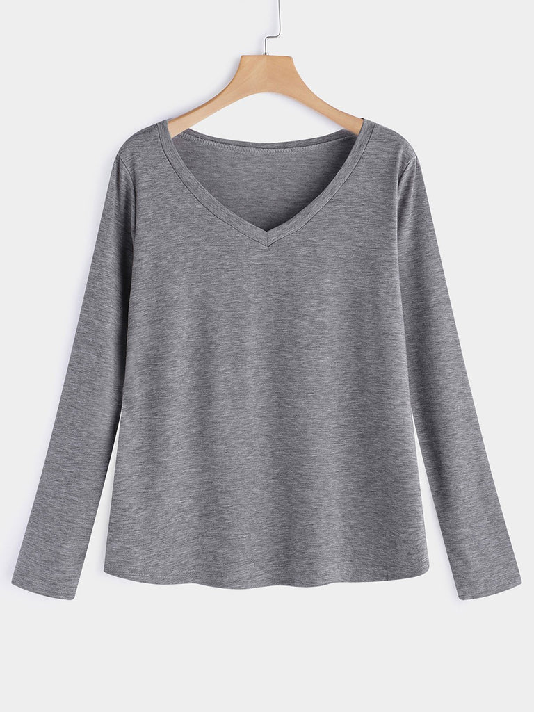 Deep V Neck Plain Long Sleeve Grey T-Shirts