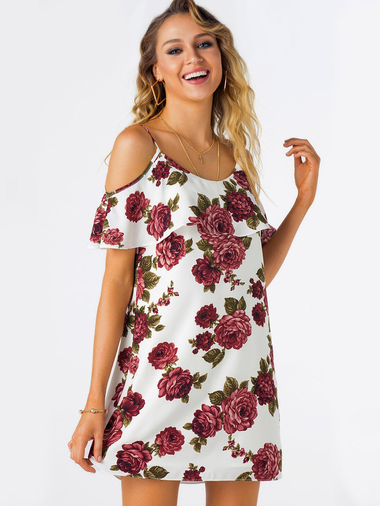 Cold Shoulder Sleeveless Floral Print Spaghetti Strap Dresses