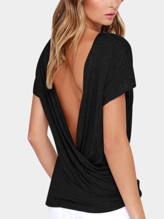 Deep V Neck Plain Crossed Front Pleated Short Sleeve Black T-Shirts