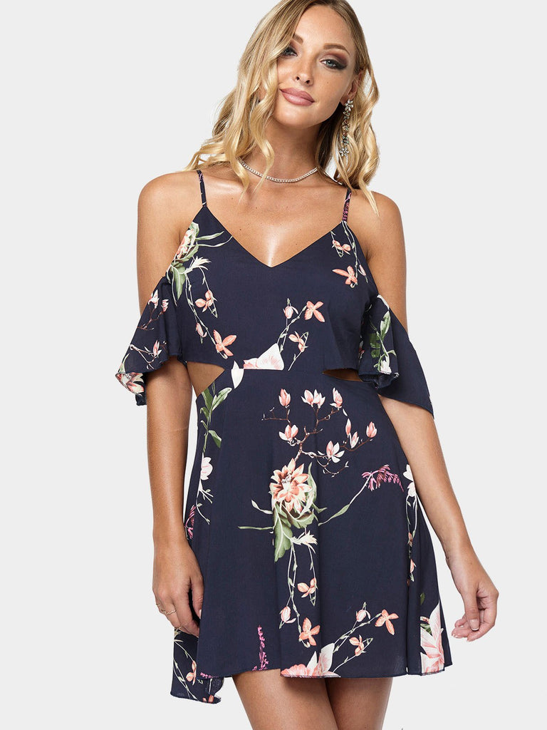 V-Neck Short Sleeve Floral Print Cut Out Dresses