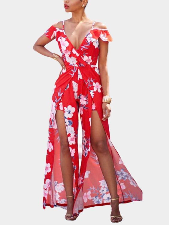 Red V-Neck Strapless Short Sleeve Floral Print Slit Hem Maxi Dress