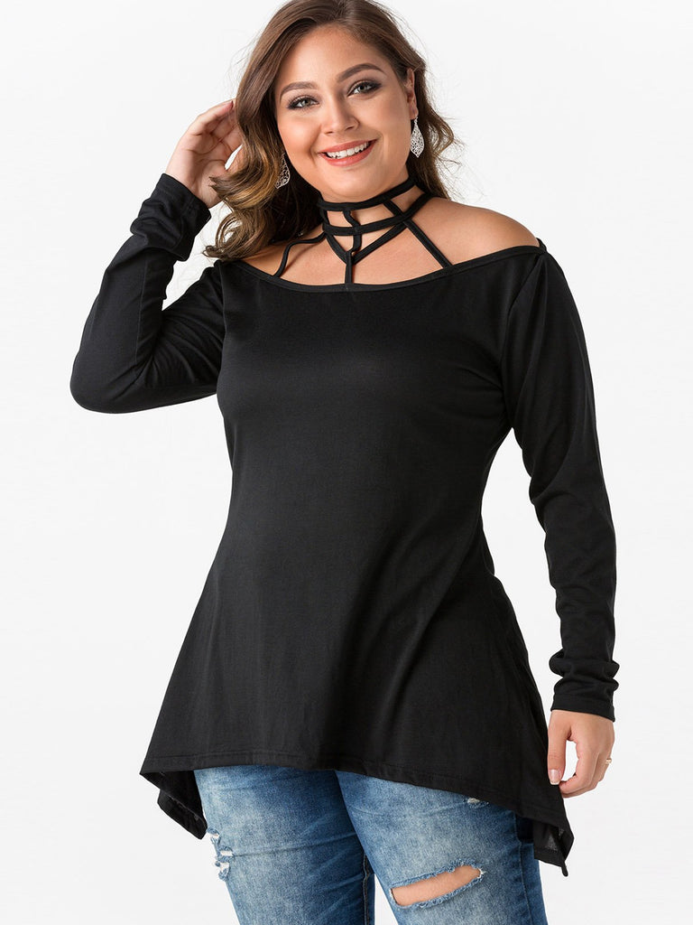 Off The Shoulder Plain Cut Out Long Sleeve Black Plus Size Tops