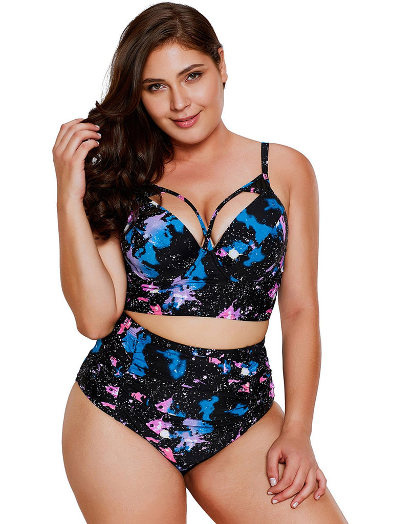 V-Neck Floral Print Cut Out Sleeveless Black Plus Size Swimwear