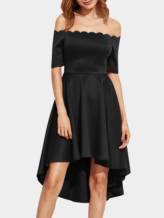 Off The Shoulder Short Sleeve Irregular Hem Black High Waist Dress