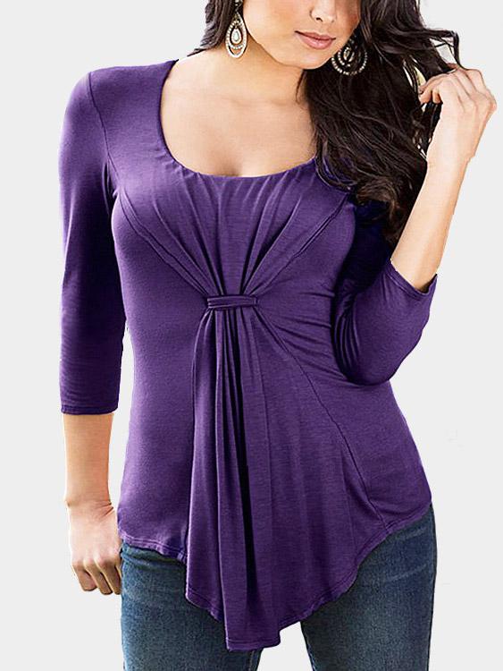 Round Neck Long Sleeve Irregular Hem Purple T-Shirts