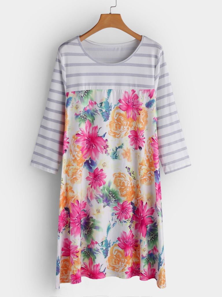 Round Neck Long Sleeve Stripe Floral Print Dresses