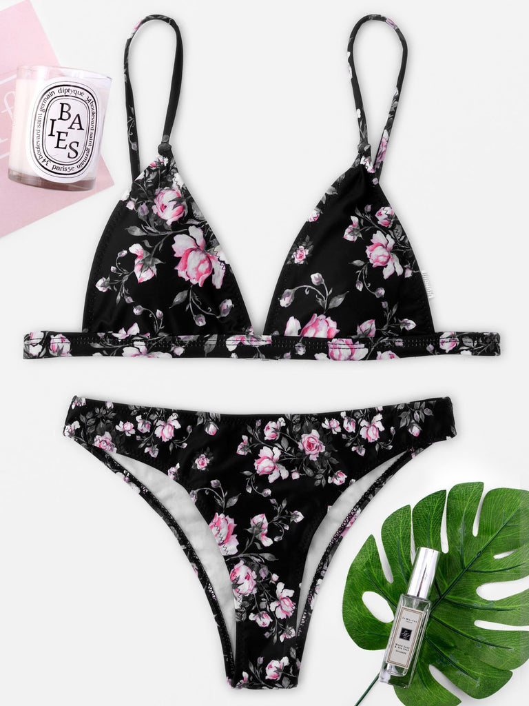 V-Neck Floral Print Black Bikinis