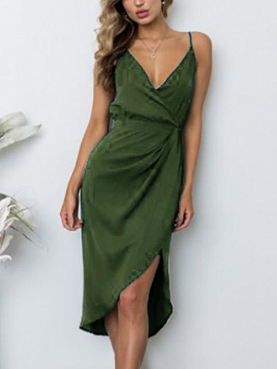 Army Green V-Neck Sleeveless Plain Crossed Front Zip Back Backless Wrap Slit Hem Midi Dresses