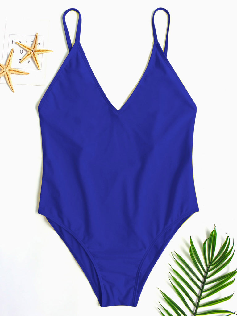 Deep V Neck Plain Spaghetti Strap One-Pieces Swimwear
