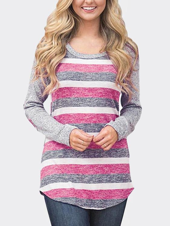 Round Neck Long Sleeve Curved Hem Light Pink T-Shirts