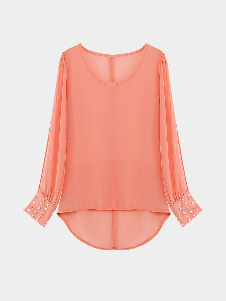 Crew Neck Handmade Beaded Cut Out Long Sleeve Irregular Hem Pink Top