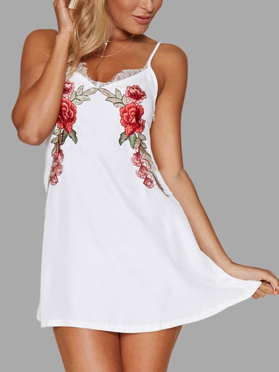 White V-Neck Sleeveless Floral Print Mini Dress