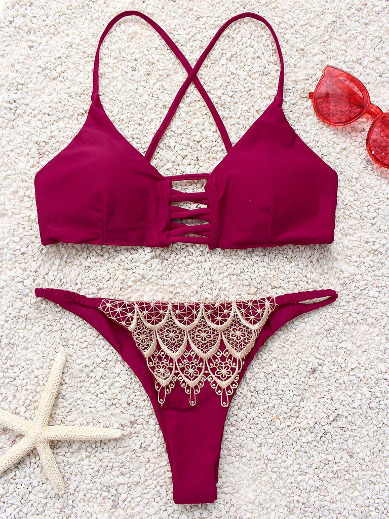 Red Scoop Neck Sleeveless Lace Cut Out Bikinis