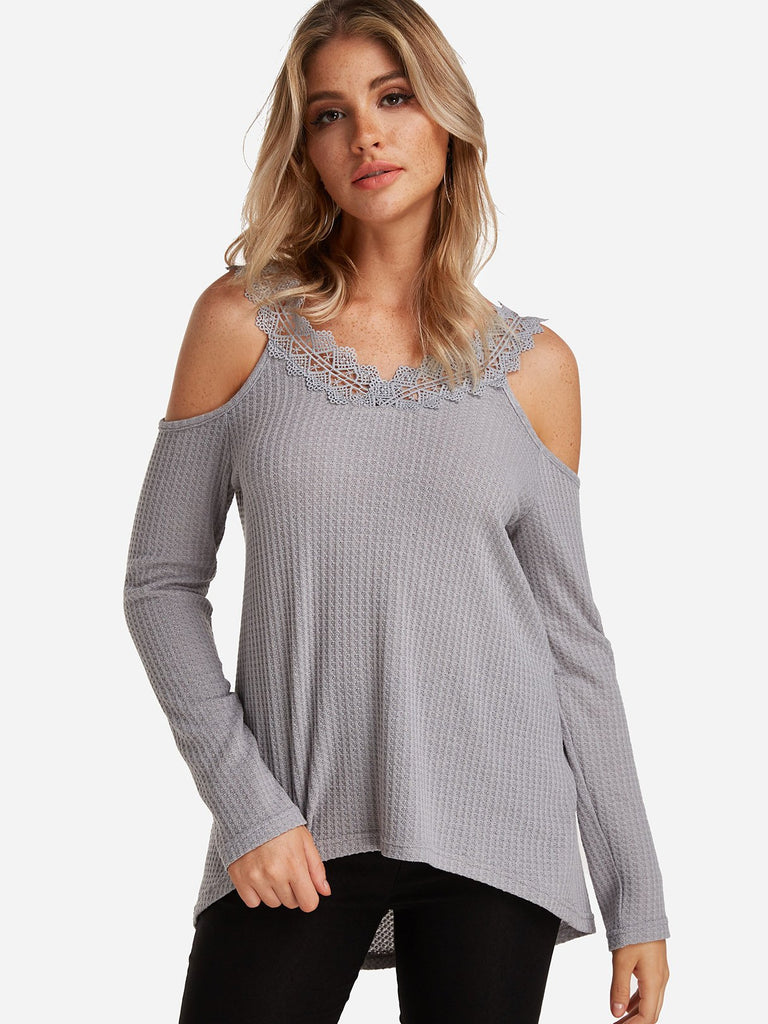 Cold Shoulder Plain Lace Long Sleeve Grey T-Shirts