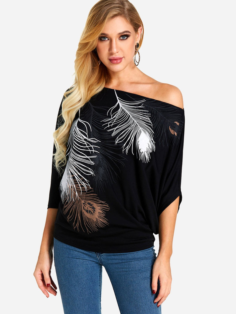 One Shoulder Printed Half Sleeve Black T-Shirts