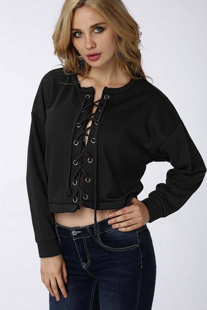 Fashion Front Lace-Up Long Sleeves Top