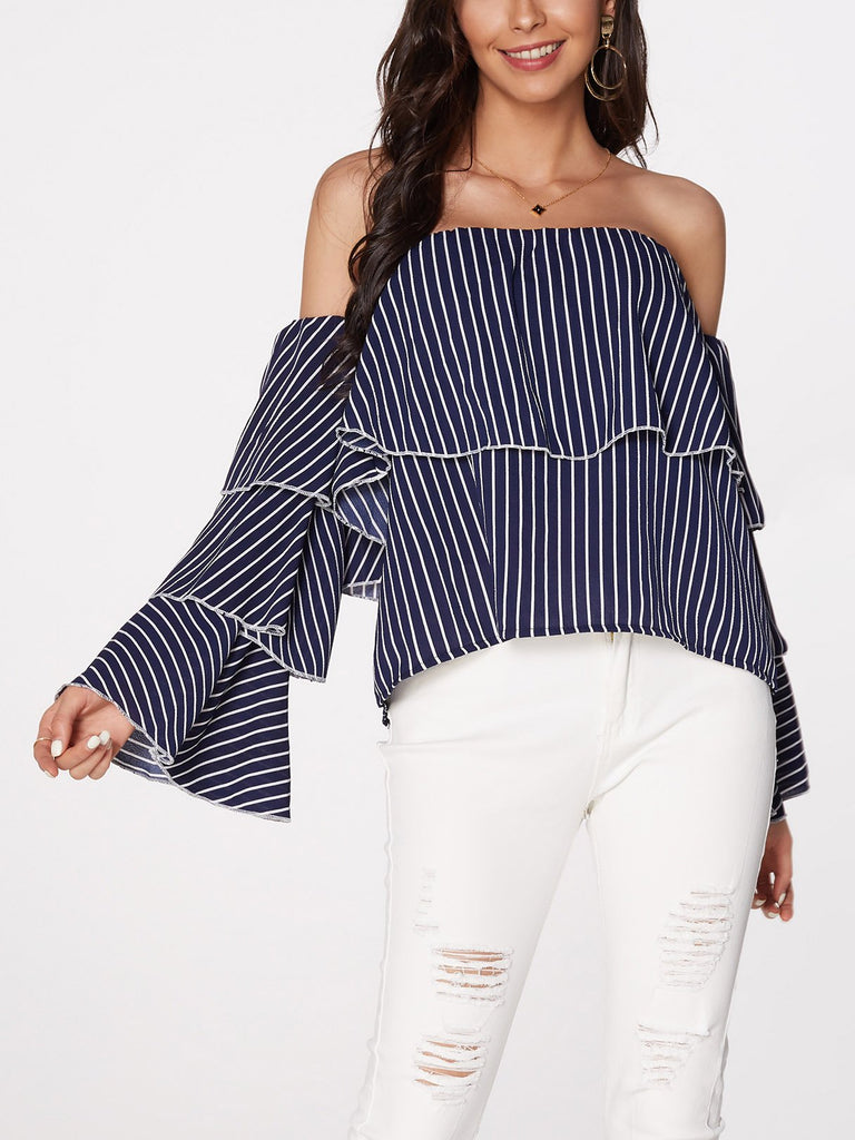 Off The Shoulder Stripe Long Sleeve Blouses
