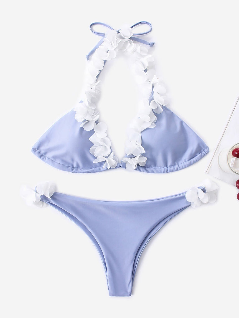 Sky Blue Halter Sleeveless Backless Two Piece Bikinis