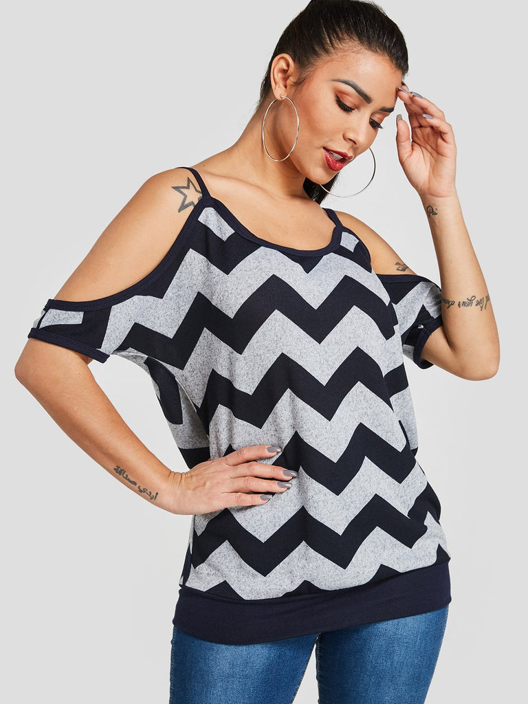 Cold Shoulder Stripe Wave Short Sleeve Blouses