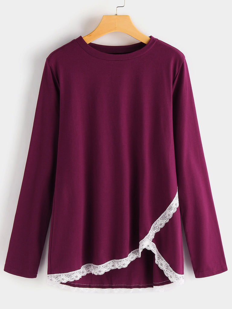 Crew Neck Plain Lace Long Sleeve Burgundy T-Shirts