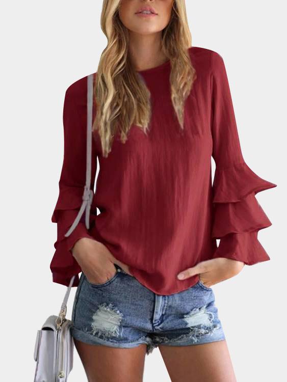 Round Neck Long Sleeve Blouses