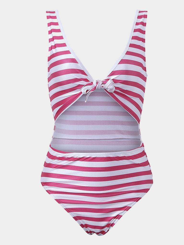 Pink Round Neck Sleeveless Stripe One-Pieces