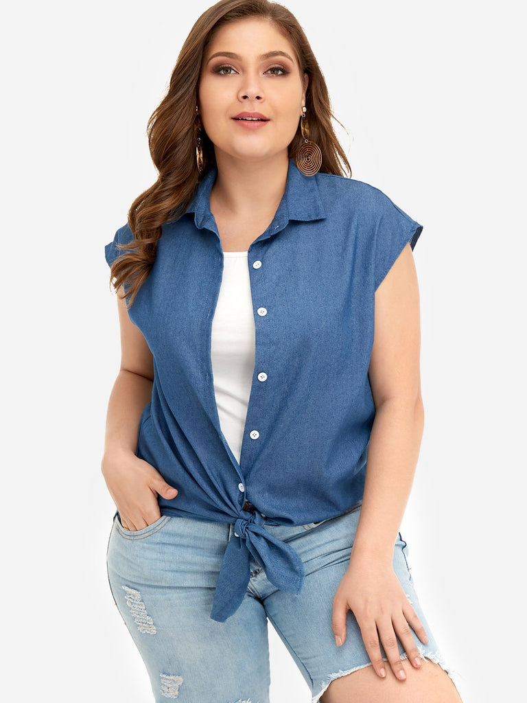 Classic Collar Plain Self-Tie Short Sleeve Blue Plus Size Tops
