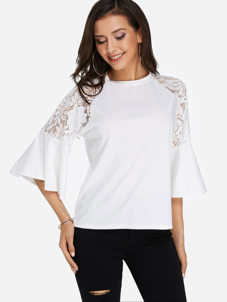 Round Neck Lace Half Sleeve White T-Shirts
