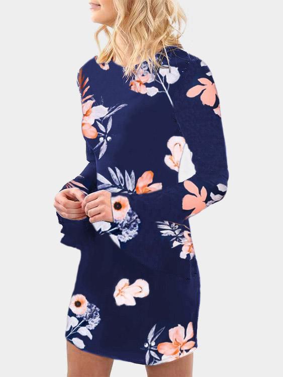 Navy Long Sleeve Round Neck Floral Print Mini Dresses
