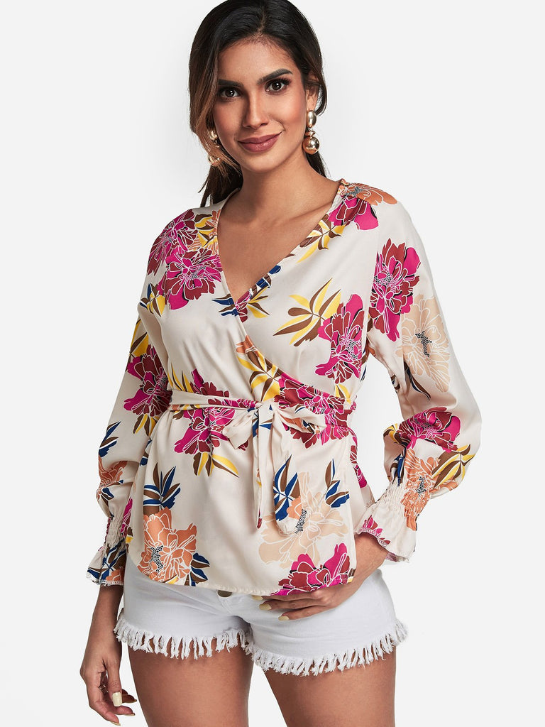 V-Neck Floral Print Crossed Front Self-Tie Long Sleeve Blouses