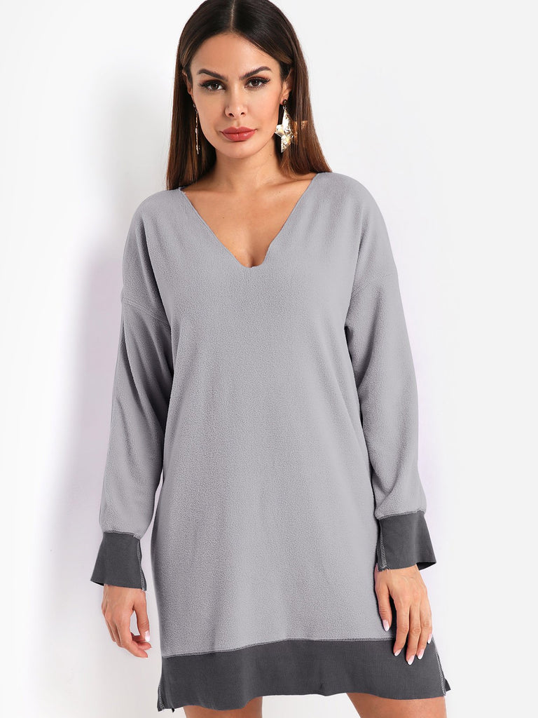 V-Neck Plain Slit Long Sleeve Grey Shirt Dresses