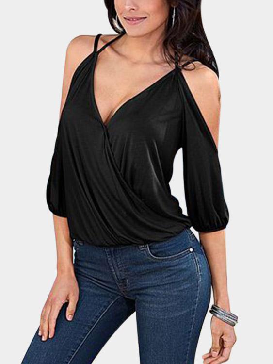 Cold Shoulder Plain 3/4 Sleeve Black Blouses