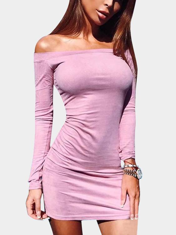 Pink Off The Shoulder Long Sleeve Plain Bodycon Mini Dress