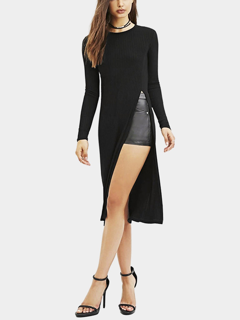 Crew Neck Long Sleeve Slit Hem Black Top