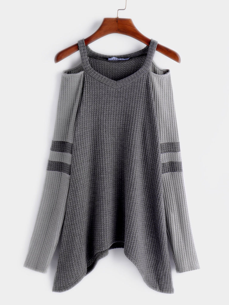 Crew Neck Cold Shoulder Plain Cut Out Long Sleeve Irregular Hem Grey T-Shirts