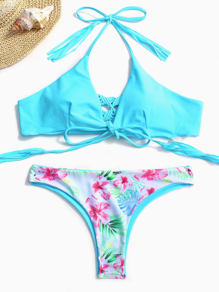 Blue Halter Plain Tassel Lace-Up Bikinis