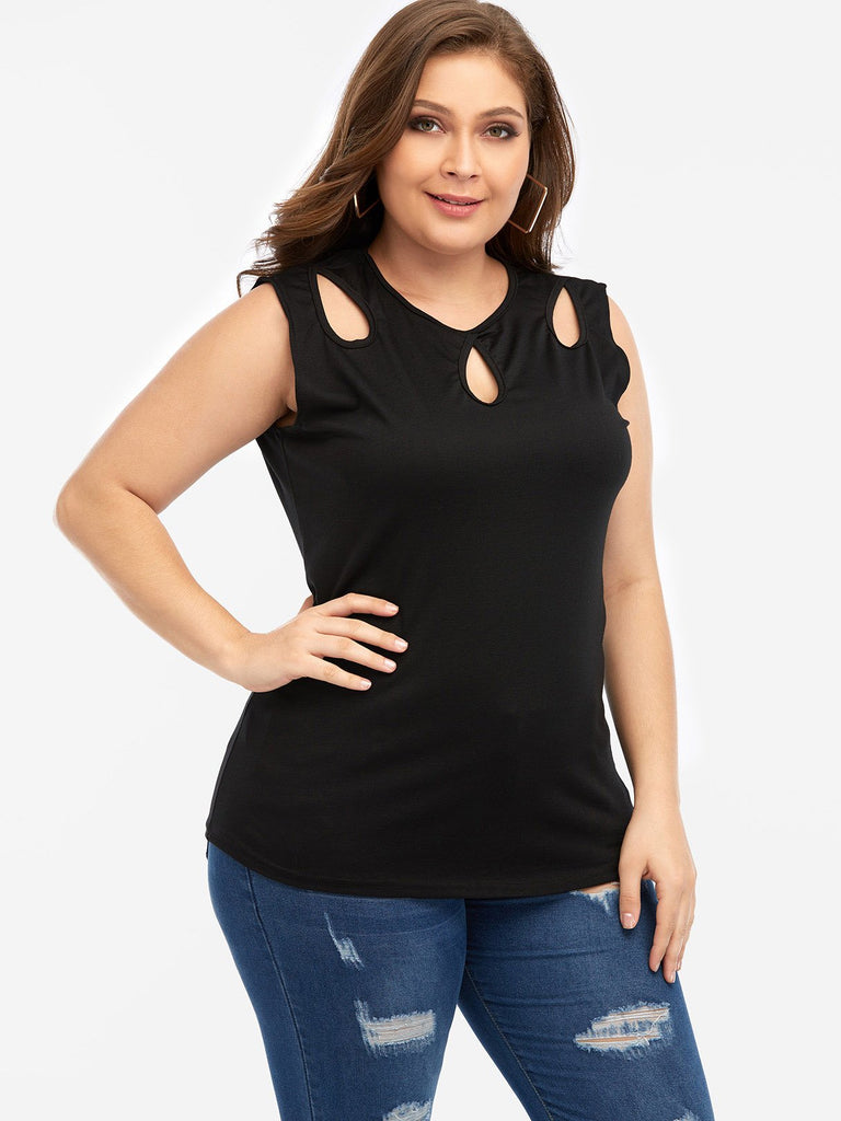 Round Neck Plain Cut Out Sleeveless Black Plus Size Tops