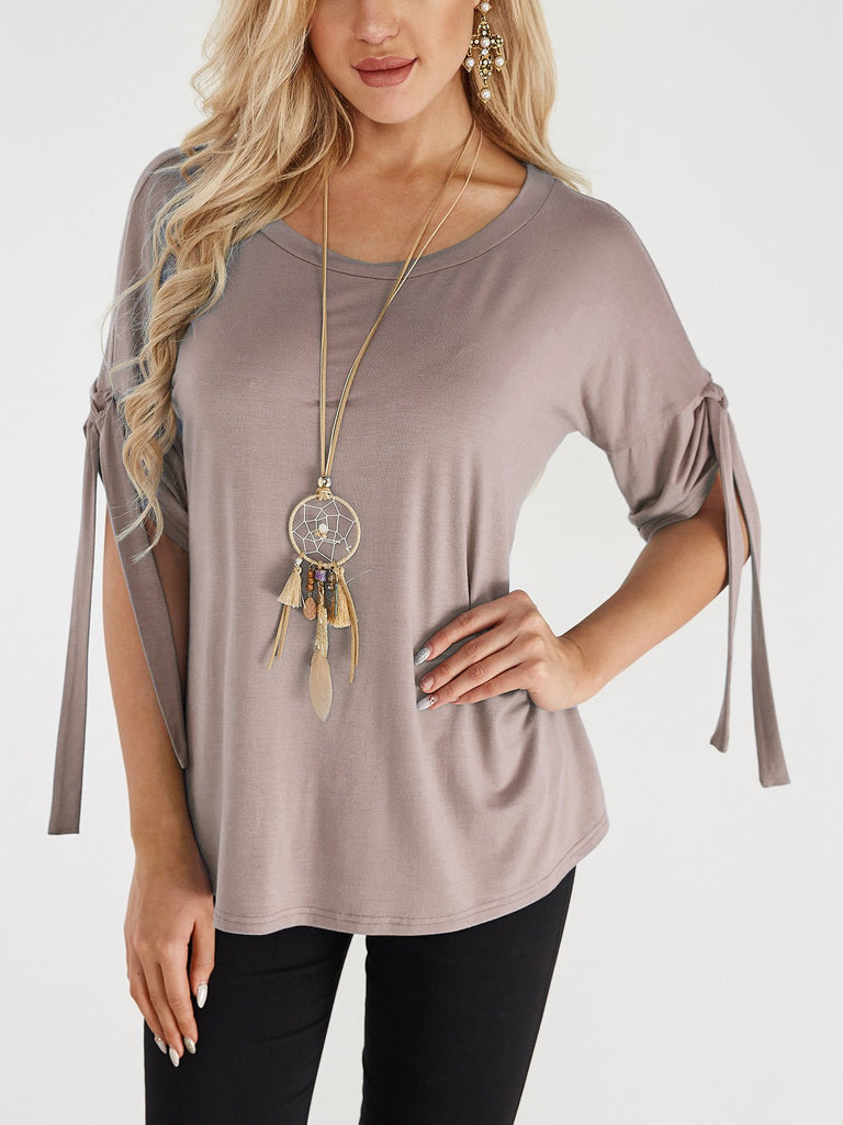 Round Neck Lace-Up Half Sleeve Khaki T-Shirts