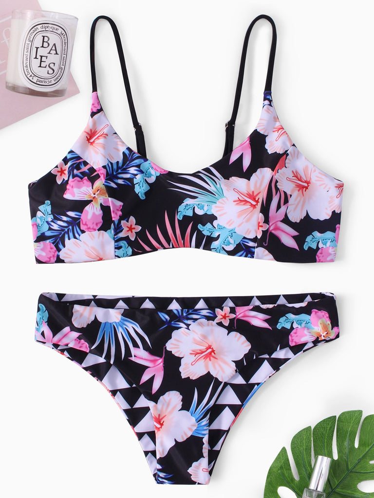 Round Neck Sleeveless Floral Print Backless Two Piece Bikinis